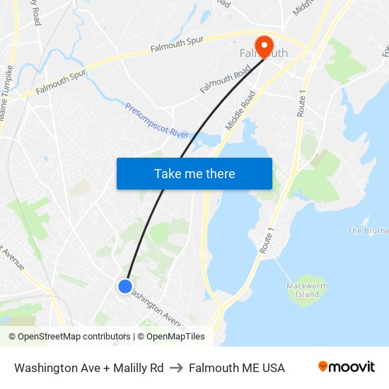 Washington Ave + Malilly Rd to Falmouth ME USA map