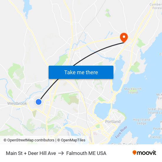 Main St + Deer Hill Ave to Falmouth ME USA map