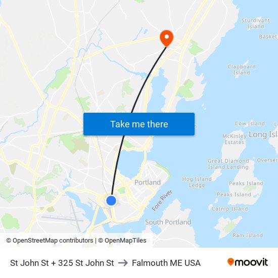 St John St + 325 St John St to Falmouth ME USA map