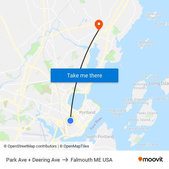 Park Ave + Deering Ave to Falmouth ME USA map