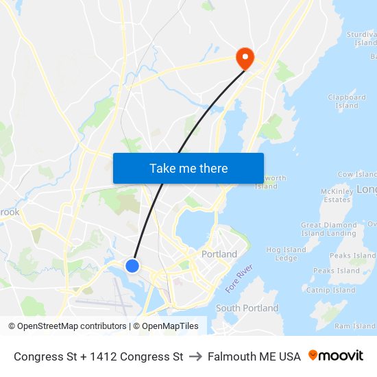 Congress St + 1412 Congress St to Falmouth ME USA map