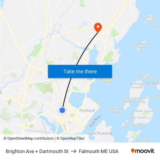 Brighton Ave + Dartmouth St to Falmouth ME USA map