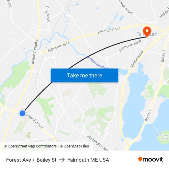 Forest Ave + Bailey St to Falmouth ME USA map