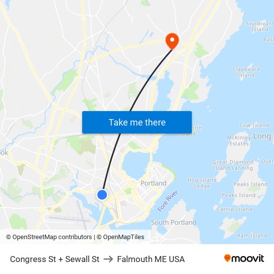 Congress St + Sewall St to Falmouth ME USA map