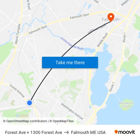 Forest Ave + 1300 Forest Ave to Falmouth ME USA map