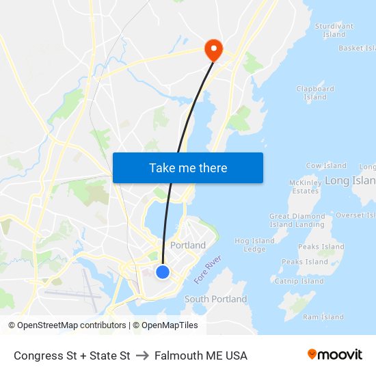 Congress St + State St to Falmouth ME USA map