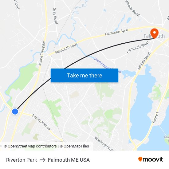 Riverton Park to Falmouth ME USA map