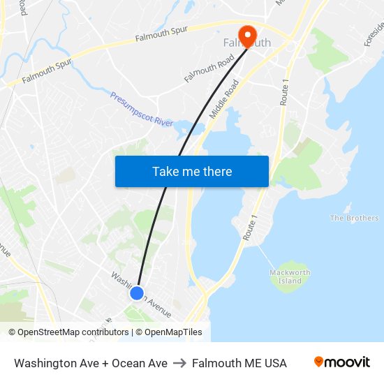 Washington Ave + Ocean Ave to Falmouth ME USA map