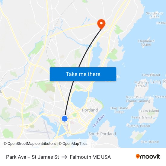 Park Ave + St James St to Falmouth ME USA map