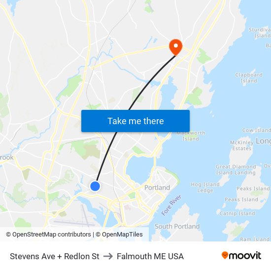 Stevens Ave + Redlon St to Falmouth ME USA map