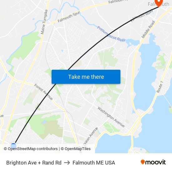 Brighton Ave + Rand Rd to Falmouth ME USA map