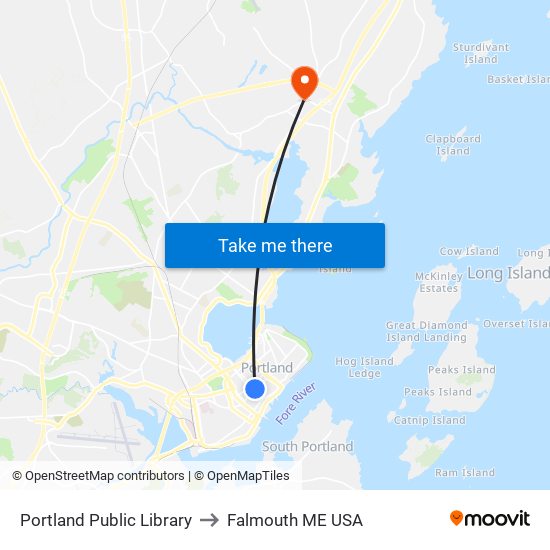 Portland Public Library to Falmouth ME USA map