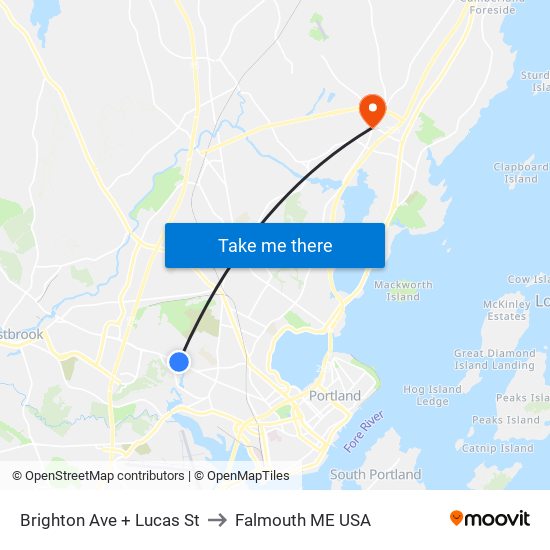 Brighton Ave + Lucas St to Falmouth ME USA map