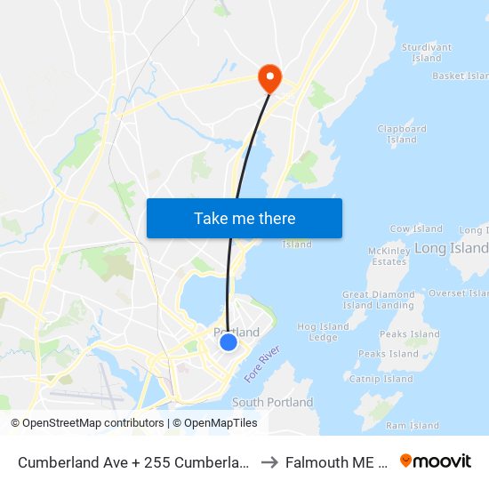 Cumberland Ave + 255 Cumberland Ave to Falmouth ME USA map