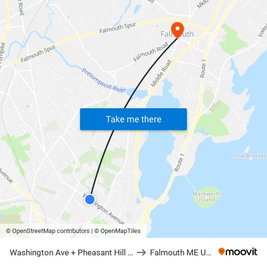 Washington Ave + Pheasant Hill Dr to Falmouth ME USA map
