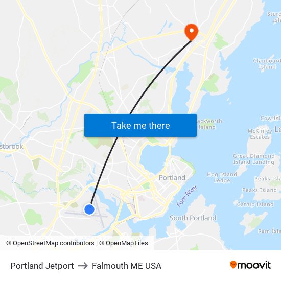 Portland Jetport to Falmouth ME USA map