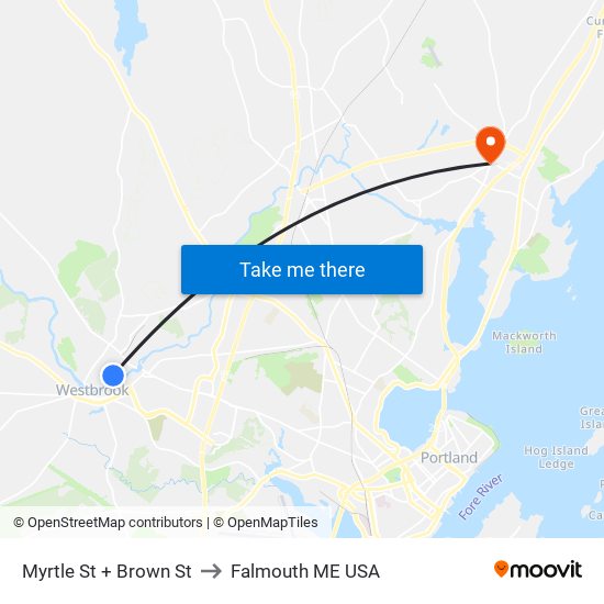 Myrtle St + Brown St to Falmouth ME USA map