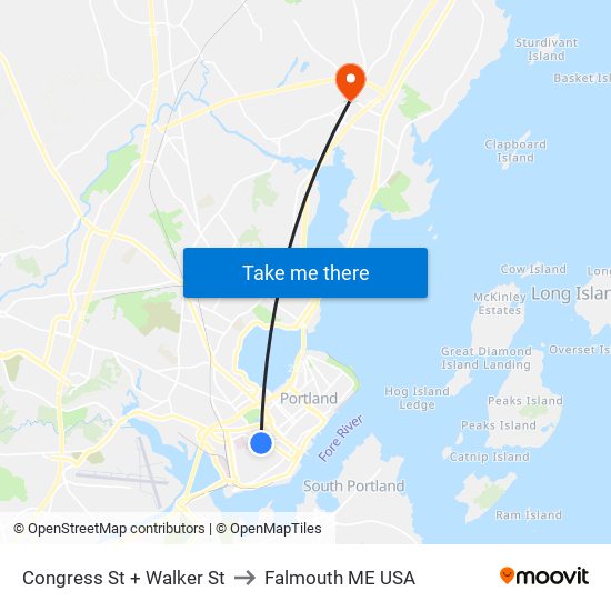 Congress St + Walker St to Falmouth ME USA map