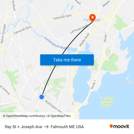Ray St + Joseph Ave to Falmouth ME USA map