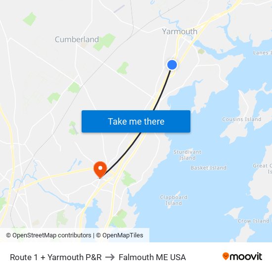 Route 1 + Yarmouth P&R to Falmouth ME USA map