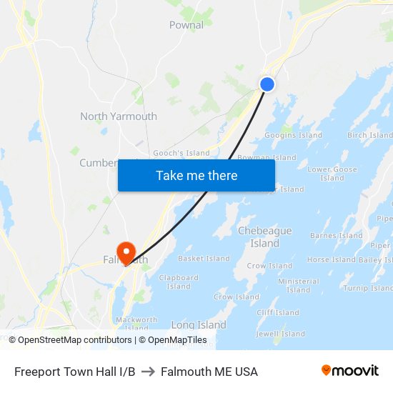 Freeport Town Hall I/B to Falmouth ME USA map