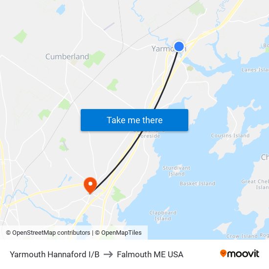 Yarmouth Hannaford I/B to Falmouth ME USA map