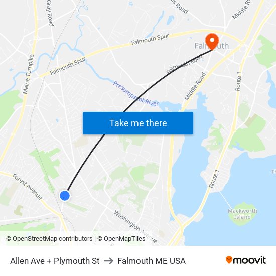 Allen Ave + Plymouth St to Falmouth ME USA map