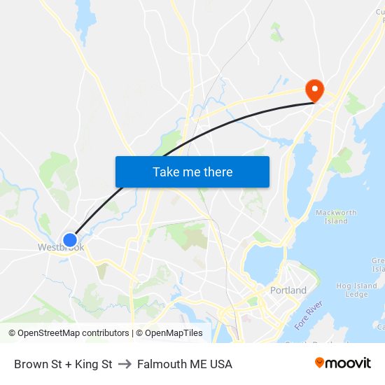 Brown St + King St to Falmouth ME USA map