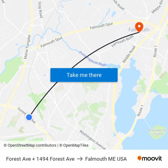 Forest Ave + 1494 Forest Ave to Falmouth ME USA map