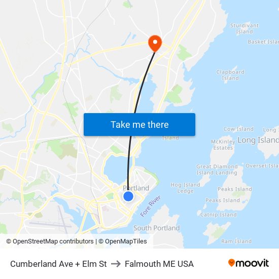 Cumberland Ave + Elm St to Falmouth ME USA map