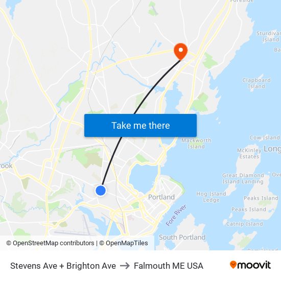 Stevens Ave + Brighton Ave to Falmouth ME USA map