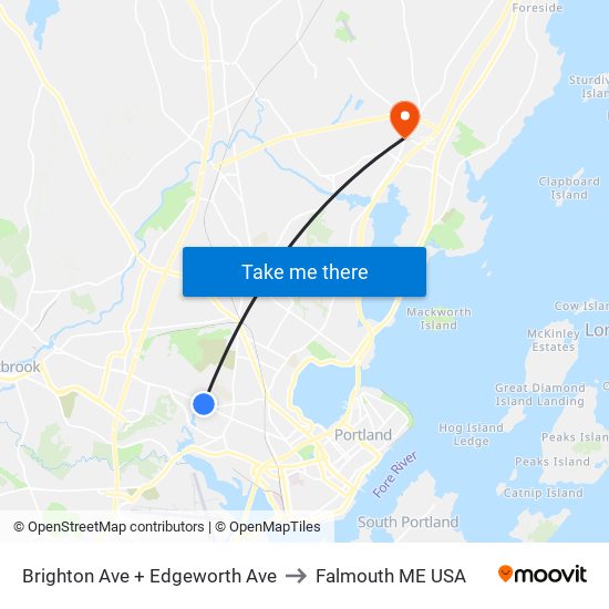 Brighton Ave + Edgeworth Ave to Falmouth ME USA map