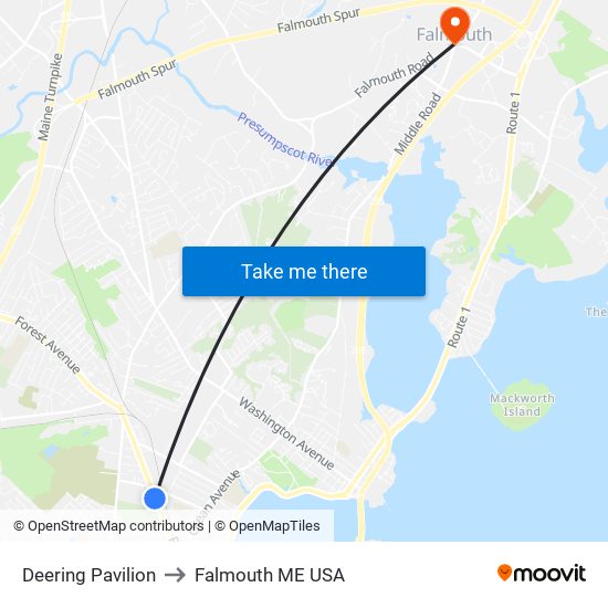 Deering Pavilion to Falmouth ME USA map