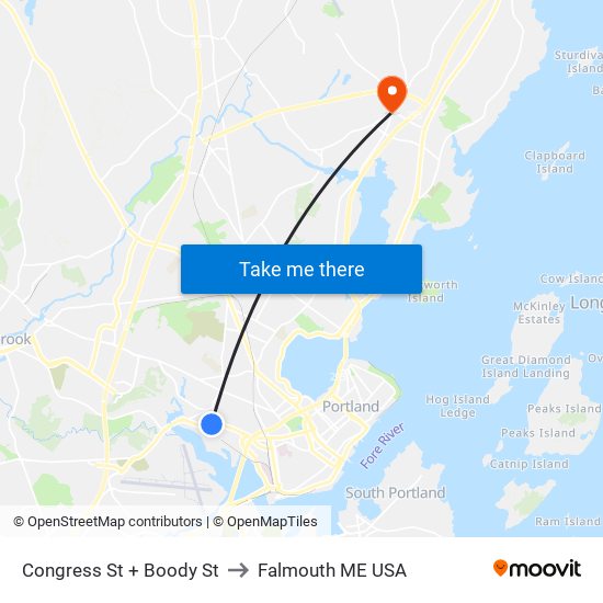 Congress St + Boody St to Falmouth ME USA map