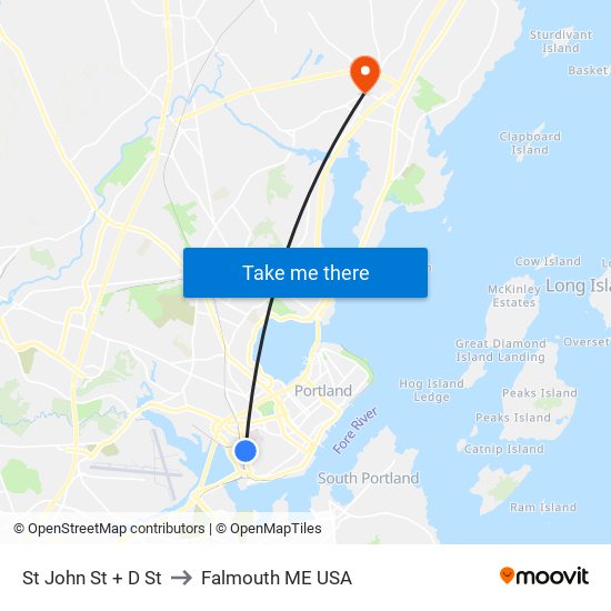 St John St + D St to Falmouth ME USA map