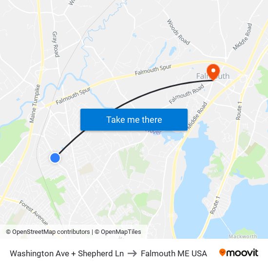 Washington Ave + Shepherd Ln to Falmouth ME USA map