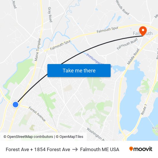 Forest Ave + 1854 Forest Ave to Falmouth ME USA map