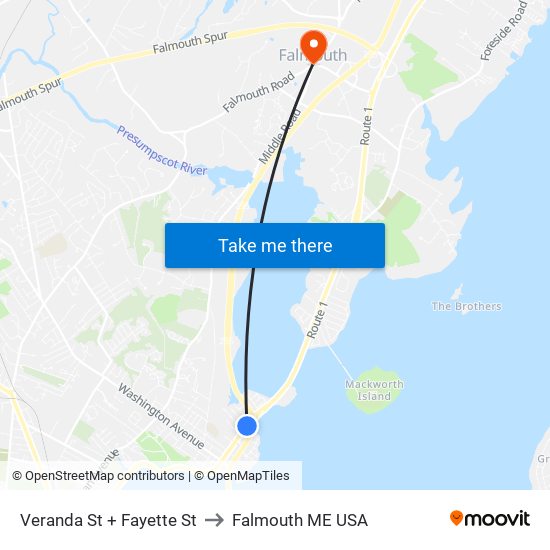 Veranda St + Fayette St to Falmouth ME USA map