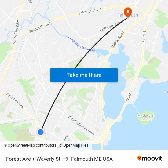 Forest Ave + Waverly  St to Falmouth ME USA map