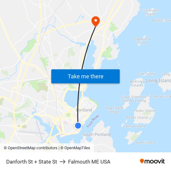 Danforth St + State St to Falmouth ME USA map