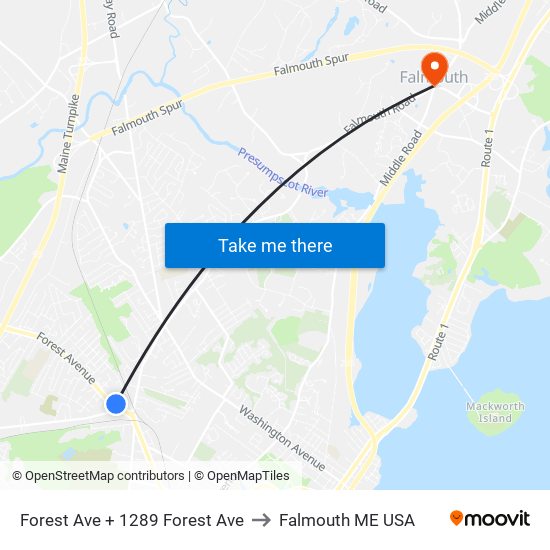 Forest Ave + 1289 Forest Ave to Falmouth ME USA map