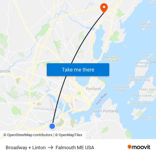 Broadway + Linton to Falmouth ME USA map