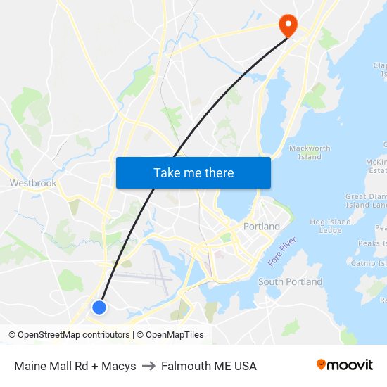 Maine Mall  Rd + Macys to Falmouth ME USA map