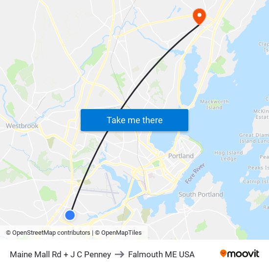 Maine Mall Rd + J C Penney to Falmouth ME USA map