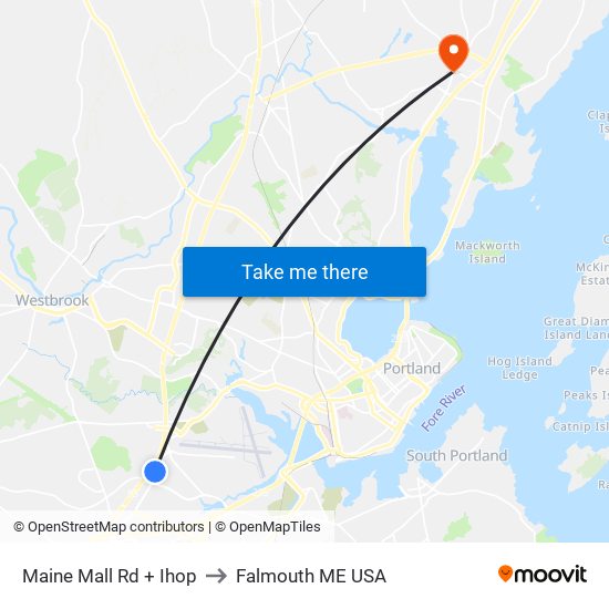 Maine Mall Rd + Ihop to Falmouth ME USA map