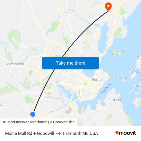 Maine Mall Rd + Goodwill to Falmouth ME USA map