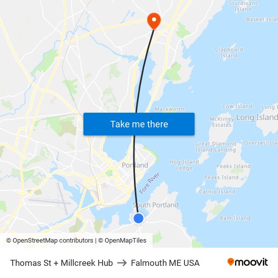 Thomas St + Millcreek Hub to Falmouth ME USA map