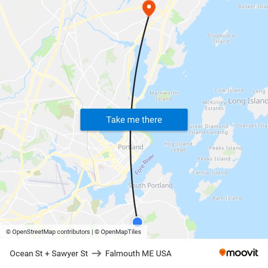 Ocean St + Sawyer St to Falmouth ME USA map