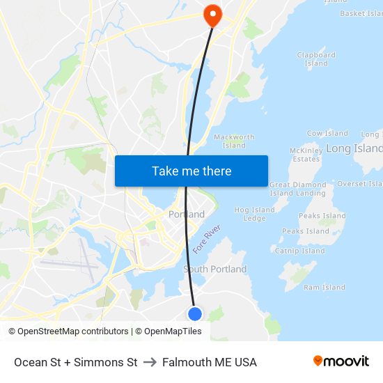 Ocean St + Simmons St to Falmouth ME USA map