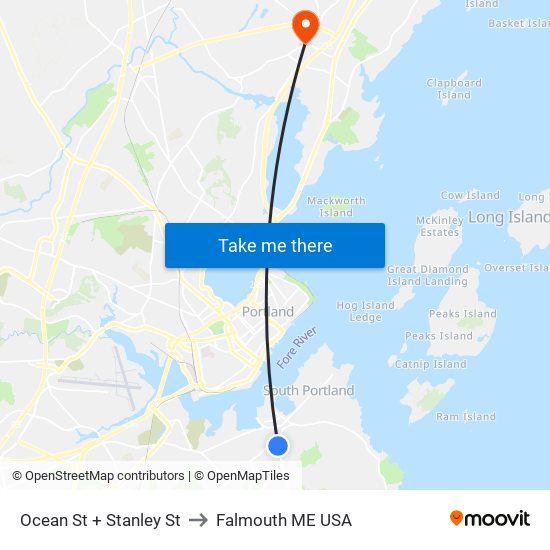 Ocean St + Stanley St to Falmouth ME USA map